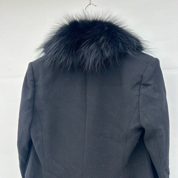 Alice + Olivia Fox Fur Mob Wife Long Wool Trench Coat Jacket Button Medium Black - Picture 6 of 13